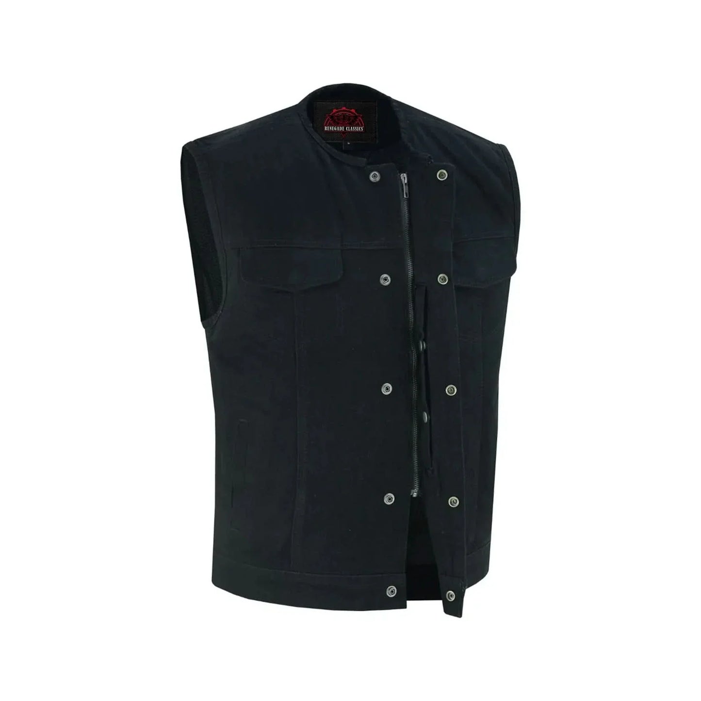 Mens Black Denim Motorcycle Vest with Concealed Snaps & Zipper