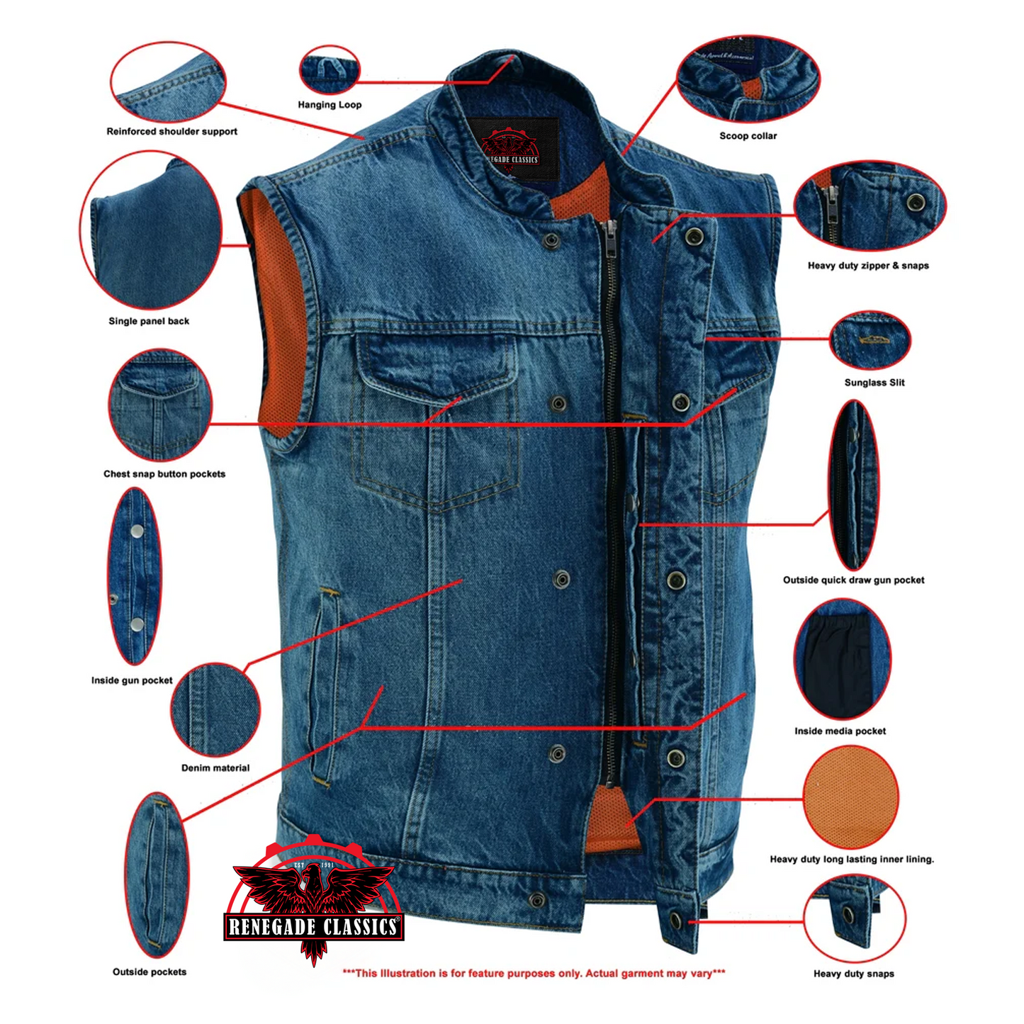 Men's Blue Denim Motorcycle Vest with Lace & Pockets