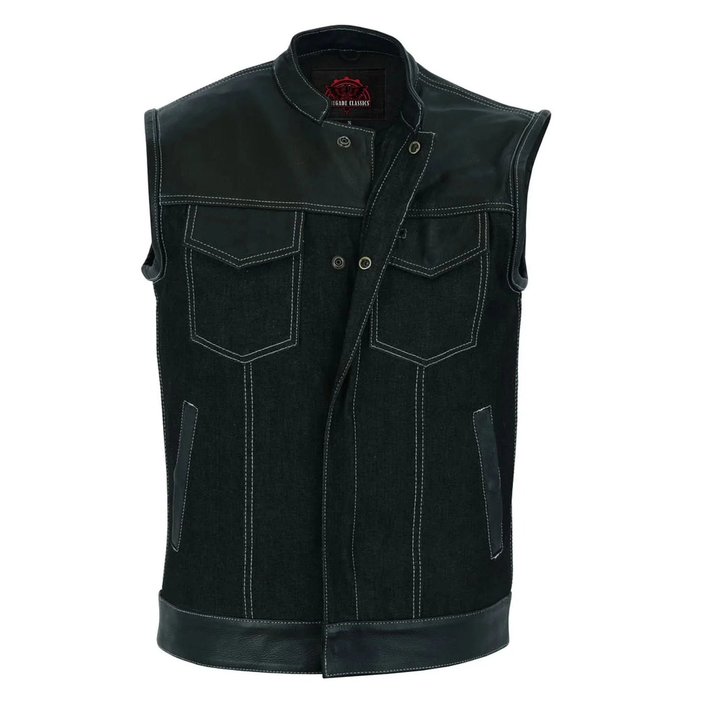 Men's Leather-Denim Combo Motorcycle Vest w/ Scoop Collar
