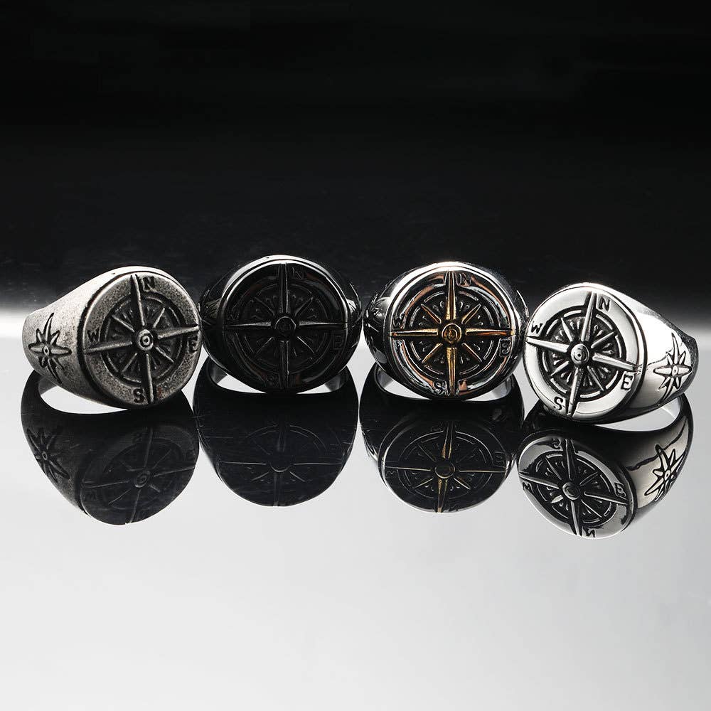 Vintage Round Compass Men's Titanium Steel Ring: Yellow Gold / 8