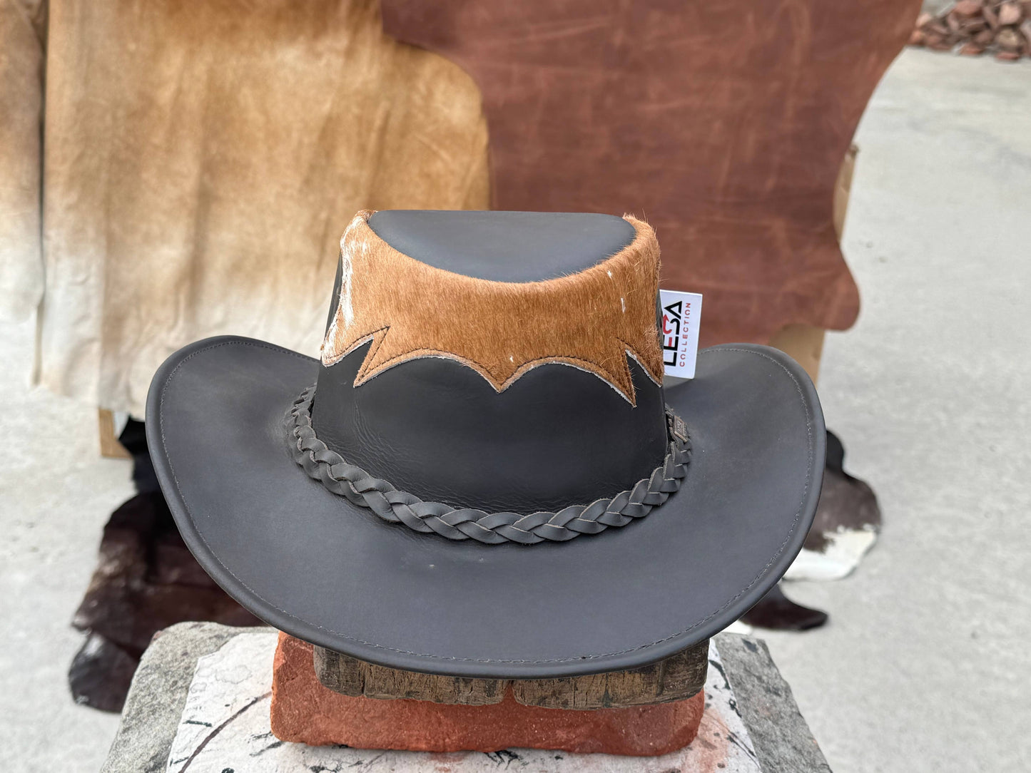 Tri Brown & Black  Leather Cowboy Hat Western style Unisex: Black / Small