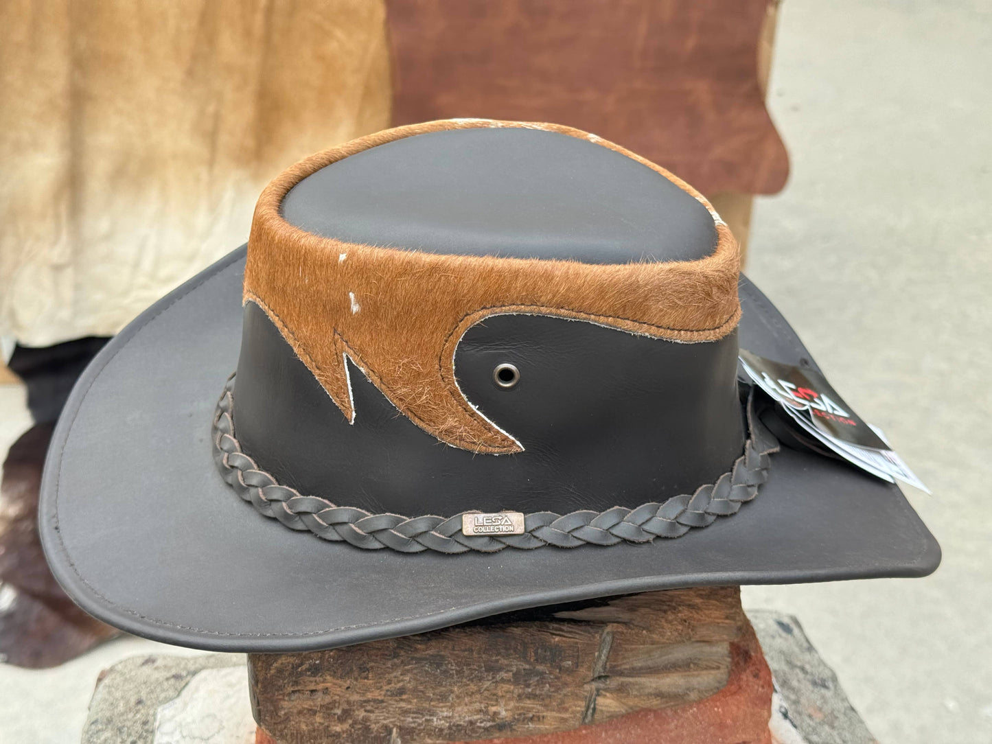 Tri Brown & Black  Leather Cowboy Hat Western style Unisex: Black / Large