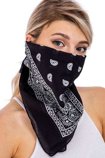 Classic Paisley Print Square Cotton Bandana: BLACK / ONE SIZE