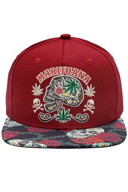 Marijuana Sugar Skull Rose Print Cotton Snapback: Black