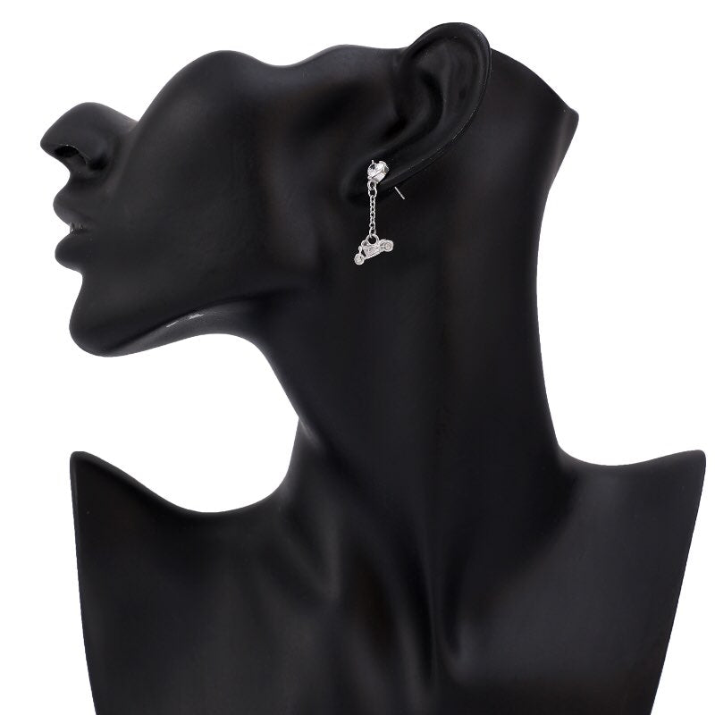 SK2707E Heart Crystal Motorcycle Earrings - Clear Stone