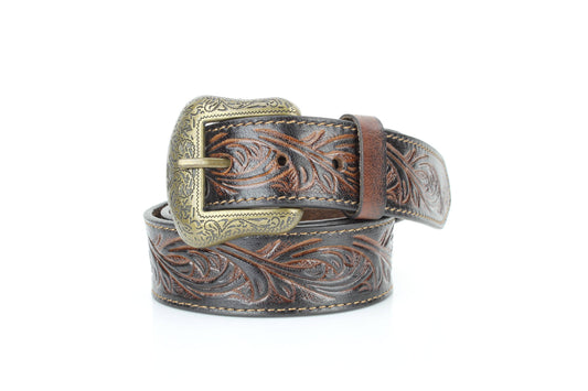 Floral Tooled Western Belt with Engraved Buckle ABB 031 BRWN
