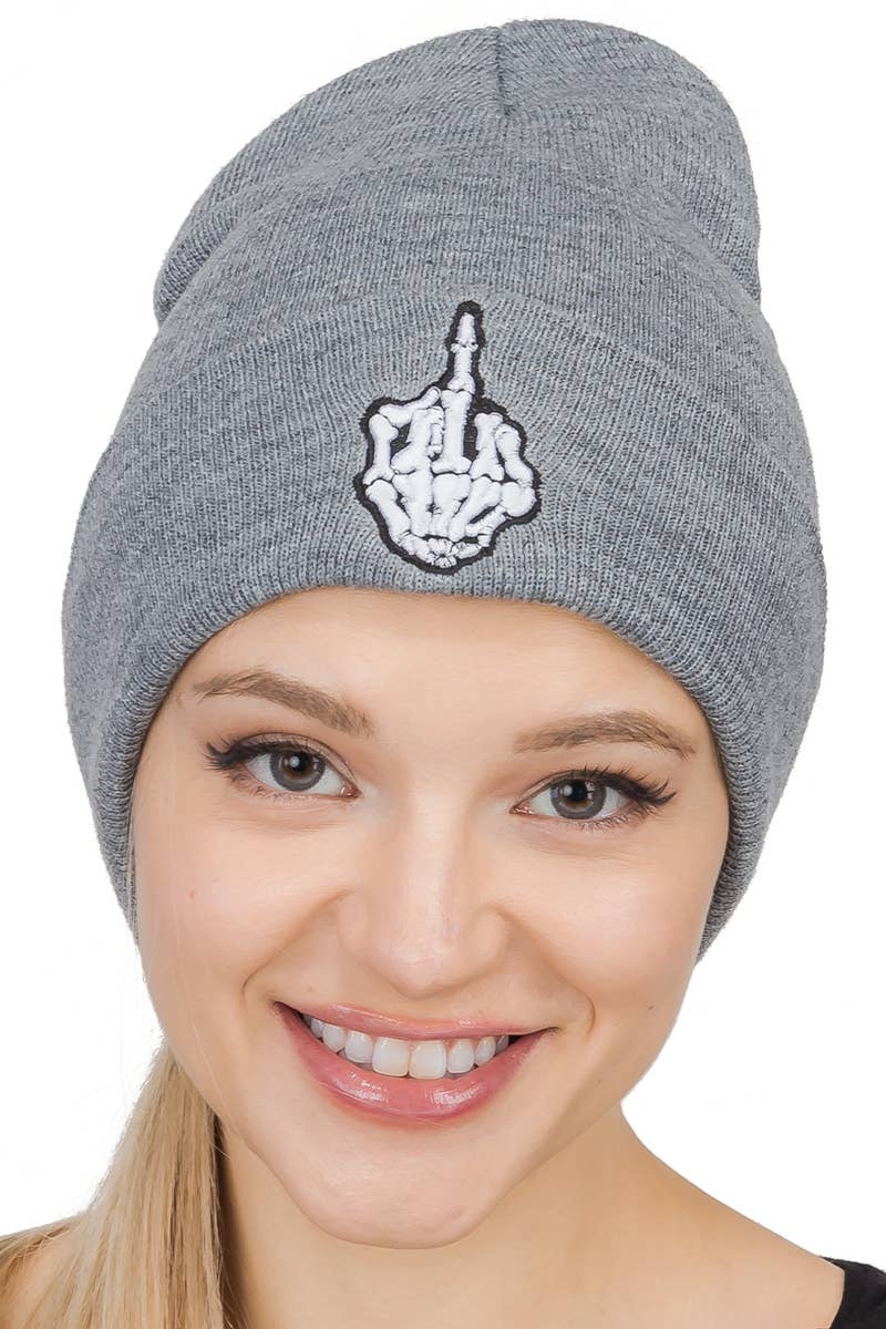 Middle Finger Up Skeleton Cuffed Classic Beanie: Black/White