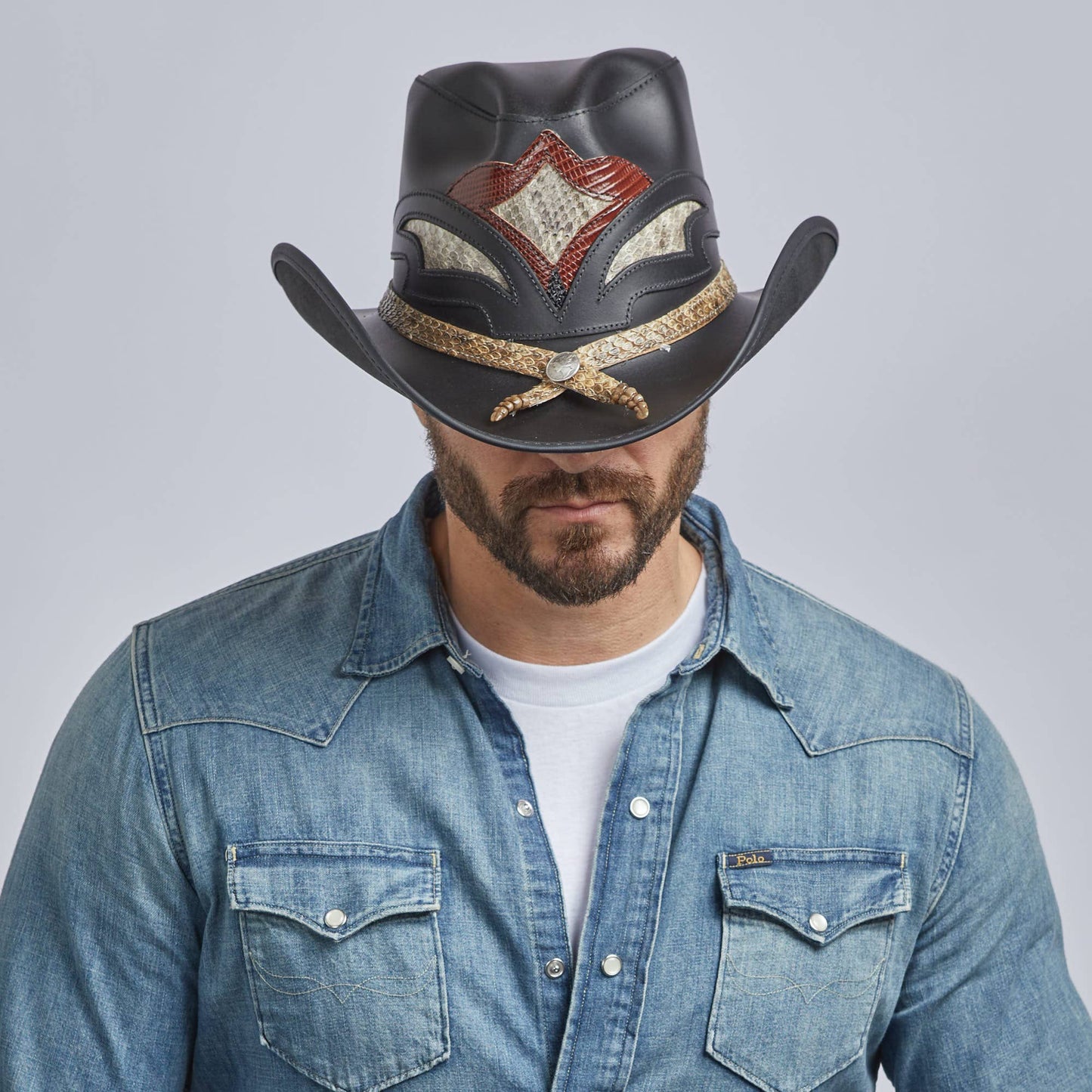 Leather Rattlesnake Cowboy Hat - Style Storm: Black / XL