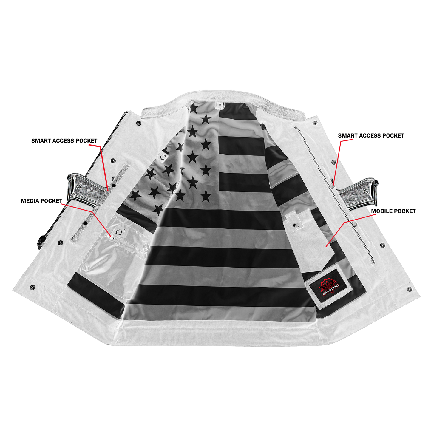 Mens's Leather Motorcycle Vest with Scoop Collar & USA Flag