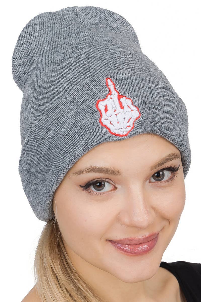 Middle Finger Up Skeleton Cuffed Classic Beanie: BLACK/WHITE / ONE SIZE