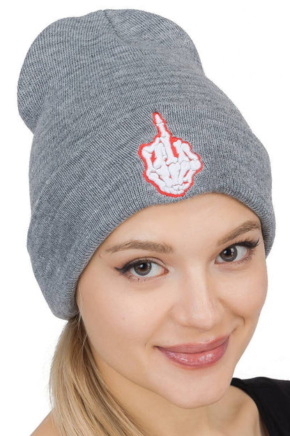 Middle Finger Up Skeleton Cuffed Classic Beanie: BLACK/WHITE / ONE SIZE