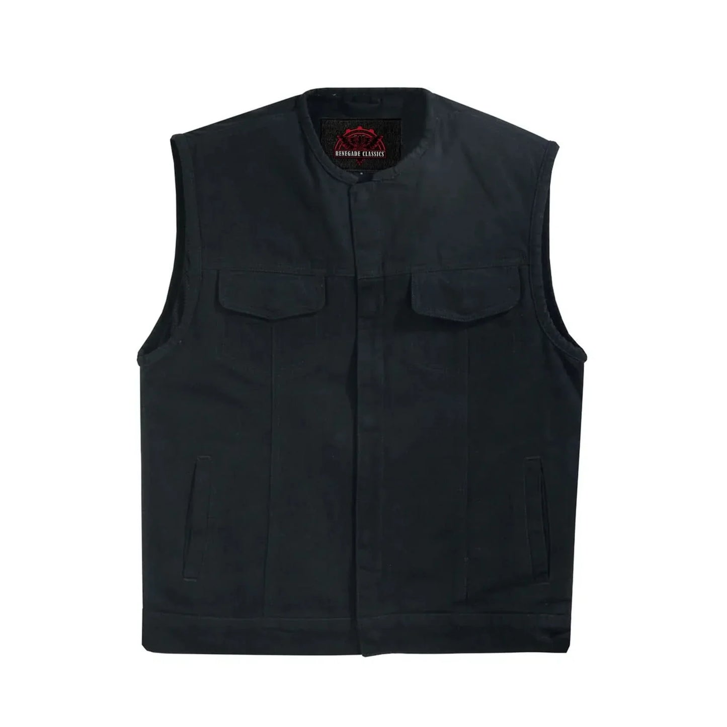 Mens Black Denim Motorcycle Vest with Concealed Snaps & Zipper