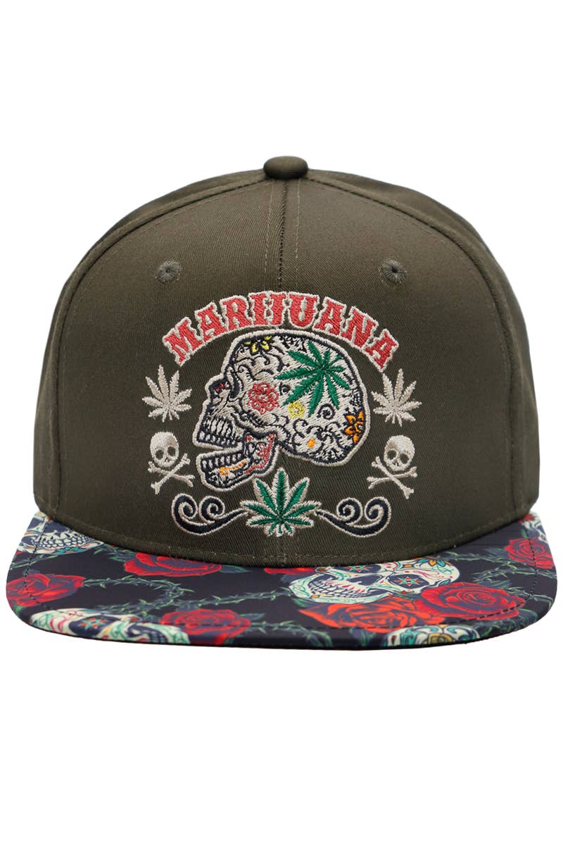 Marijuana Sugar Skull Rose Print Cotton Snapback: Black