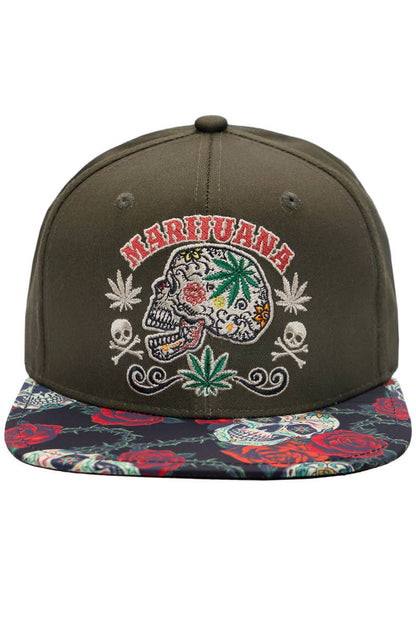 Marijuana Sugar Skull Rose Print Cotton Snapback: Black