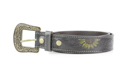 Black Tooled Leather Belt with Sunflower ABB 14-2623