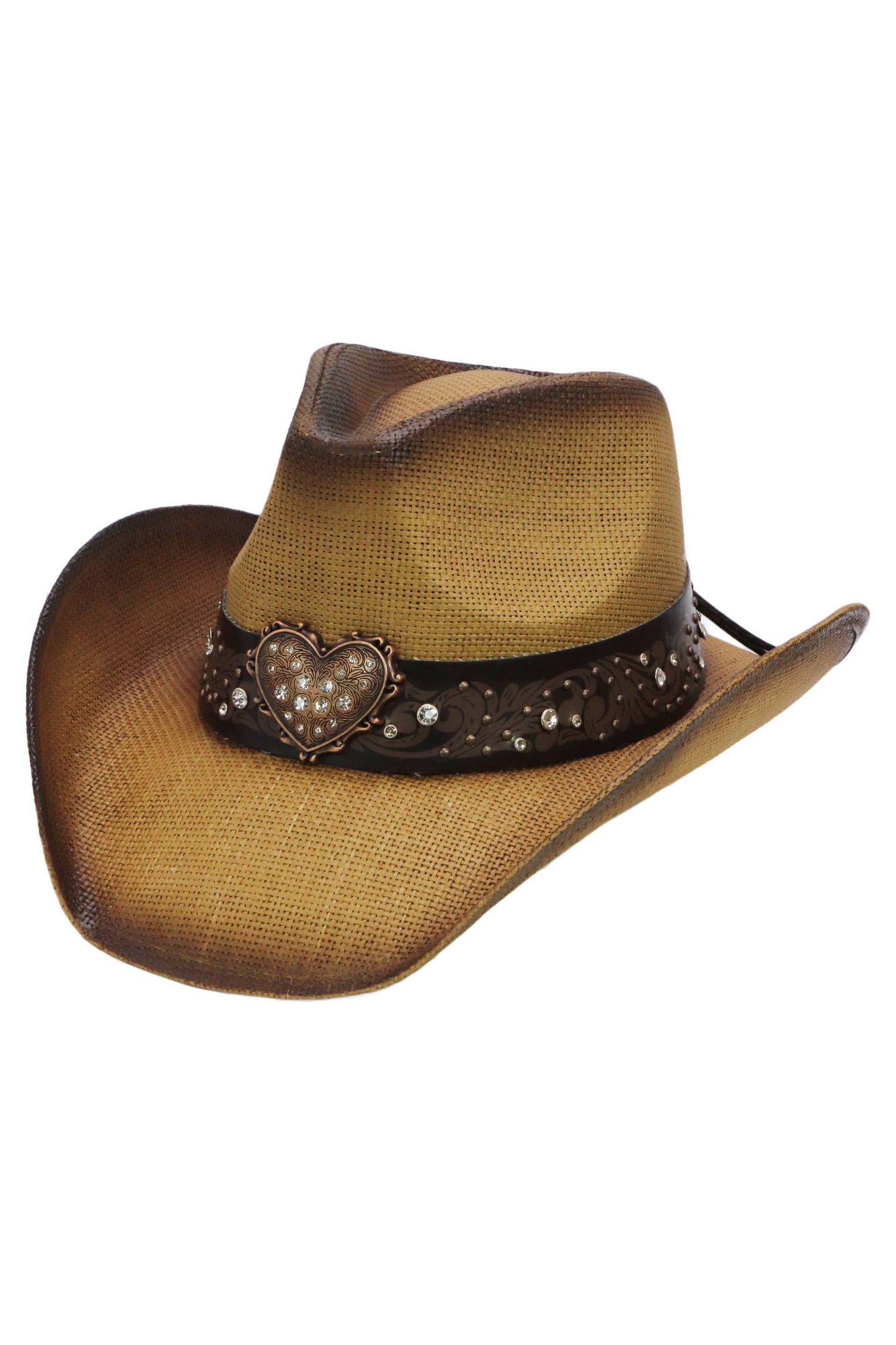 Heart Bling Rhinestone Belt Ombre Straw Cowboy Hat: Hot Pink