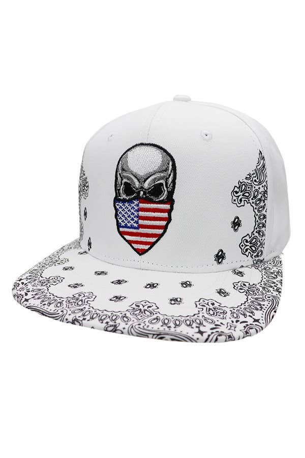 American Flag Skull Snapback: White