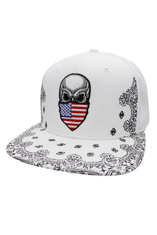 American Flag Skull Snapback: White