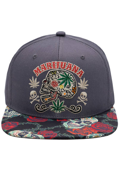 Marijuana Sugar Skull Rose Print Cotton Snapback: Black