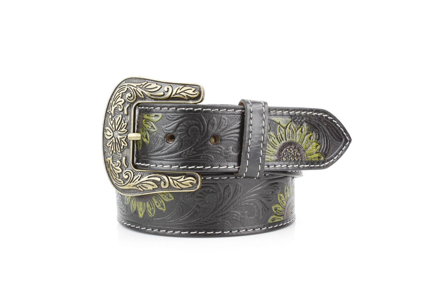 Black Tooled Leather Belt with Sunflower ABB 14-2623