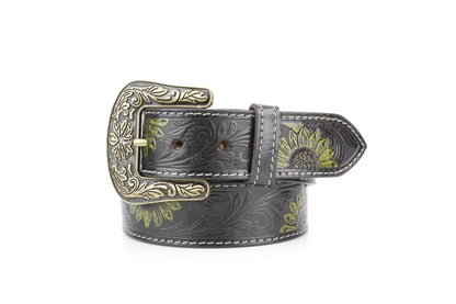 Black Tooled Leather Belt with Sunflower ABB 14-2623