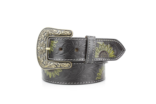 Black Tooled Leather Belt with Sunflower ABB 14-2623