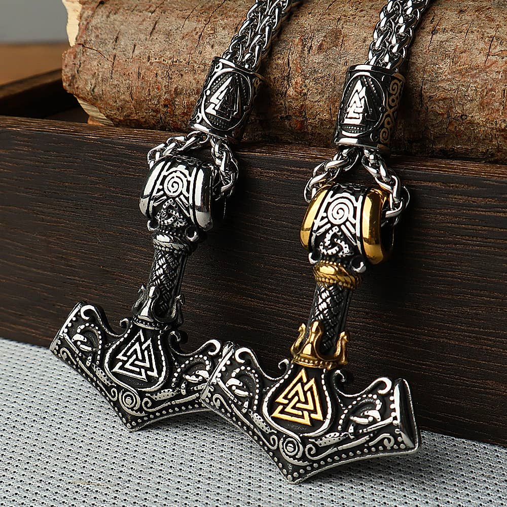 Viking Vintage Stainless Steel Thor's Hammer Necklace: Silver