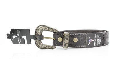 Black Tooled Leather Belt with Floral Filigree ABB 14-2630