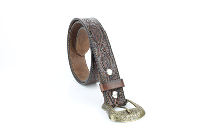 Floral Tooled Western Belt with Engraved Buckle ABB 031 BRWN