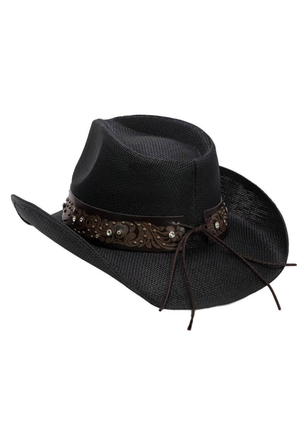 Heart Bling Rhinestone Belt Ombre Straw Cowboy Hat: Hot Pink