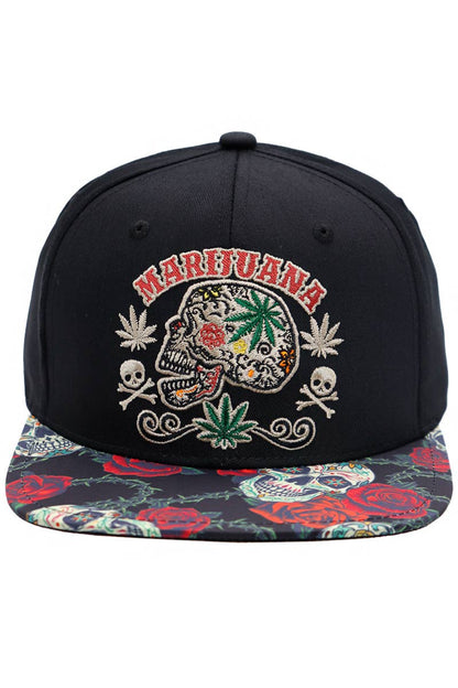 Marijuana Sugar Skull Rose Print Cotton Snapback: Black