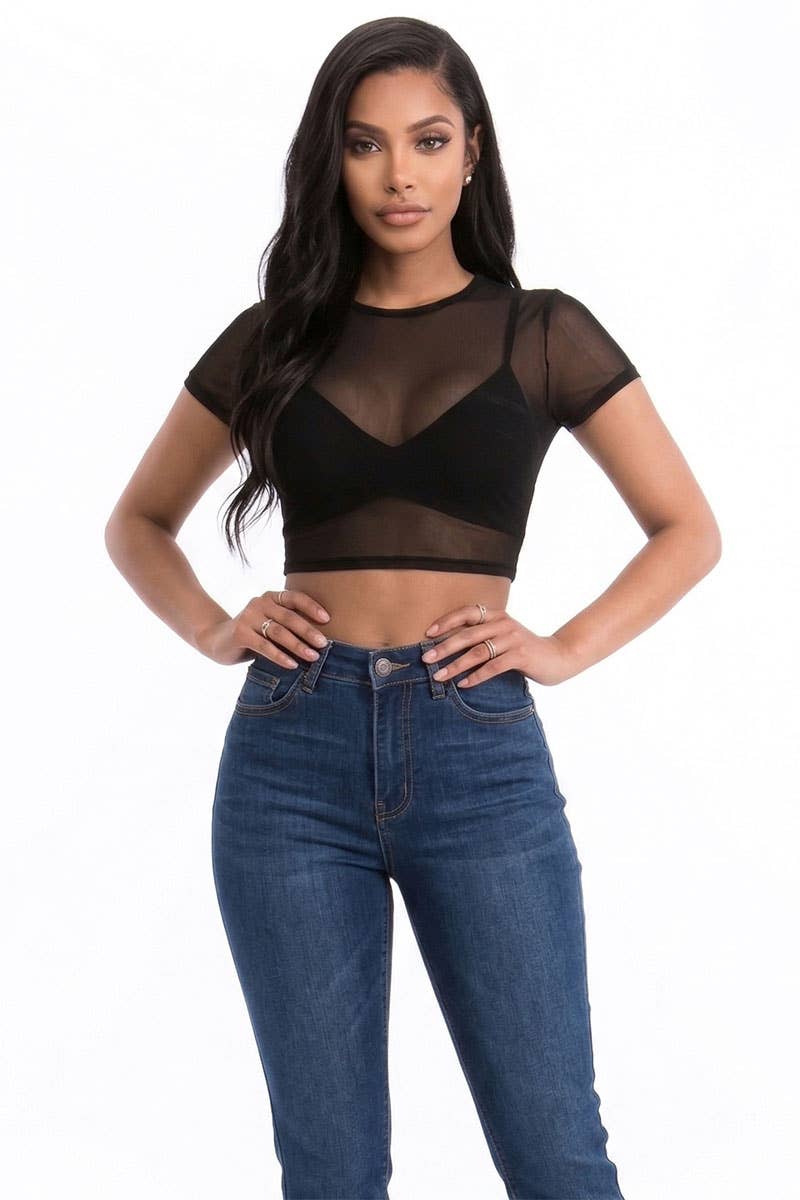 Mesh Sheer Crop Top: Black / S