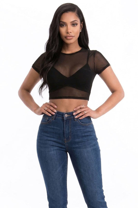 Mesh Sheer Crop Top: Black / L