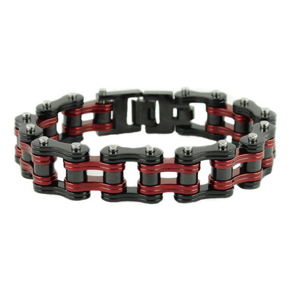 SK1819 Two Tone Black Candy Red 3/4" Wide Double Link Design Unisex Stainless Steel Motorcycle Chain Bracelet