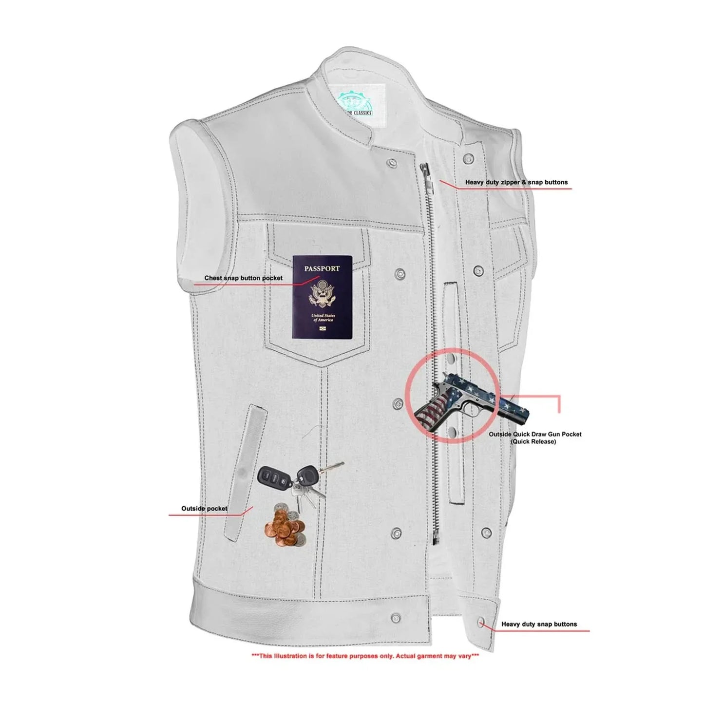 Men's Leather-Denim Combo Motorcycle Vest w/ Scoop Collar