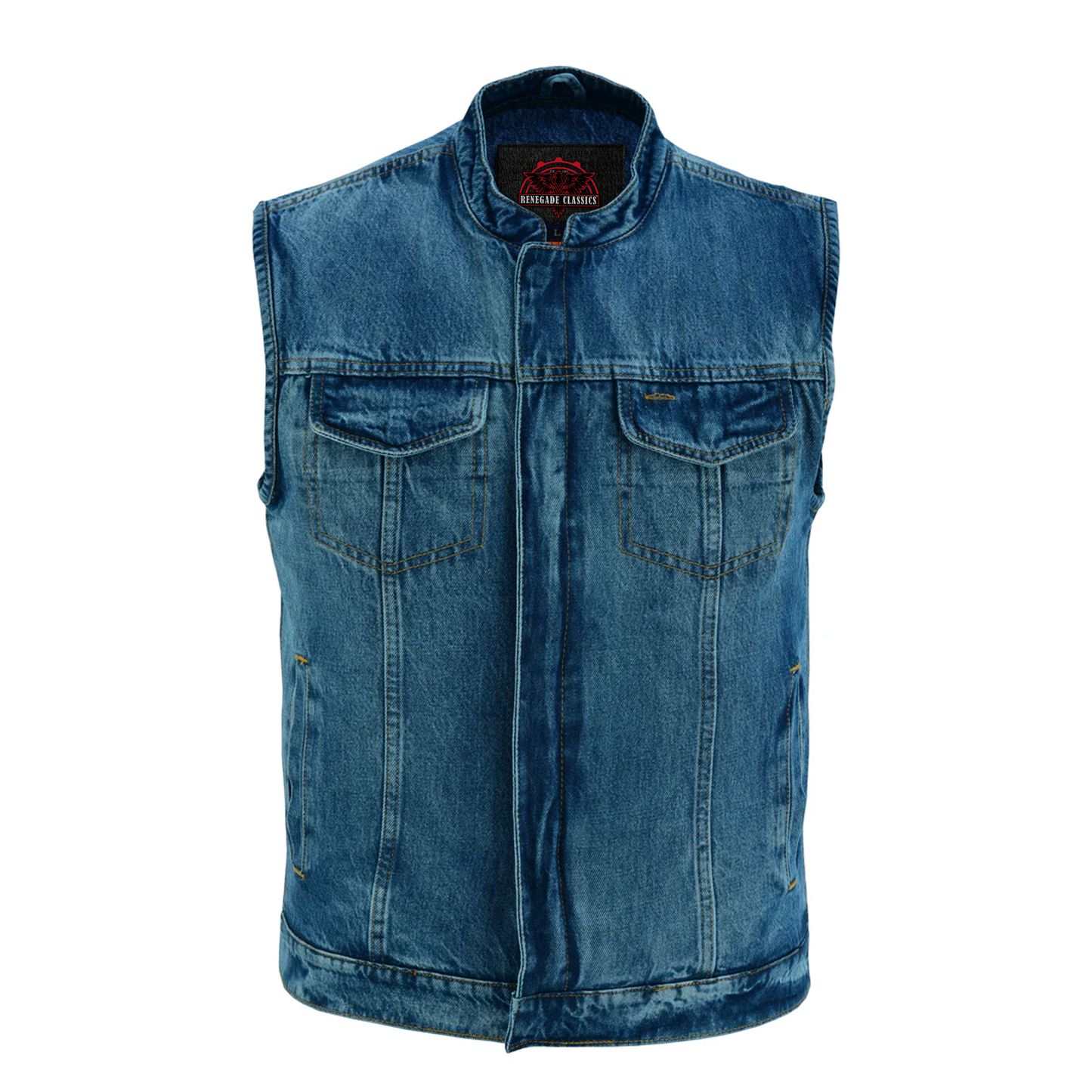 Men's Blue Denim Motorcycle Vest with Lace & Pockets