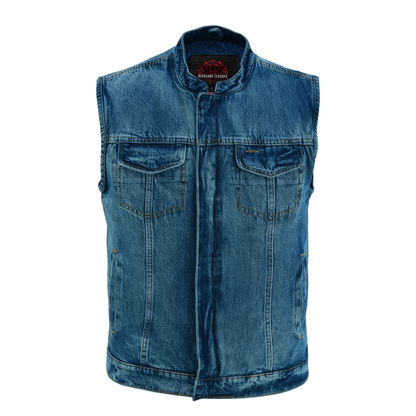 Men's Blue Denim Motorcycle Vest with Lace & Pockets