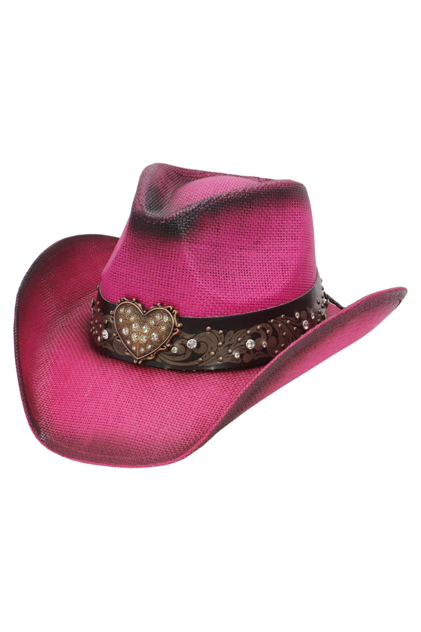 Heart Bling Rhinestone Belt Ombre Straw Cowboy Hat: Hot Pink