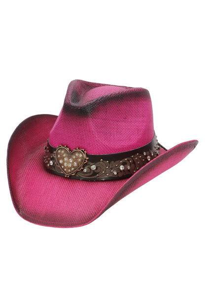 Heart Bling Rhinestone Belt Ombre Straw Cowboy Hat: Hot Pink