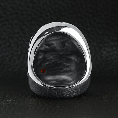 Stainless Steel Large Filigree Skull Biting Red CZ Rose Ring