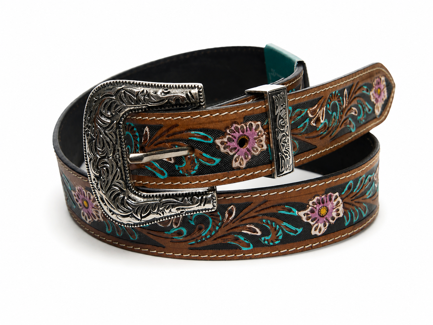 Filigree Leather Belt with Floral Turquoise ABB 18 26110