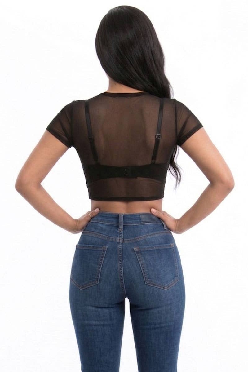 Mesh Sheer Crop Top: Black / M