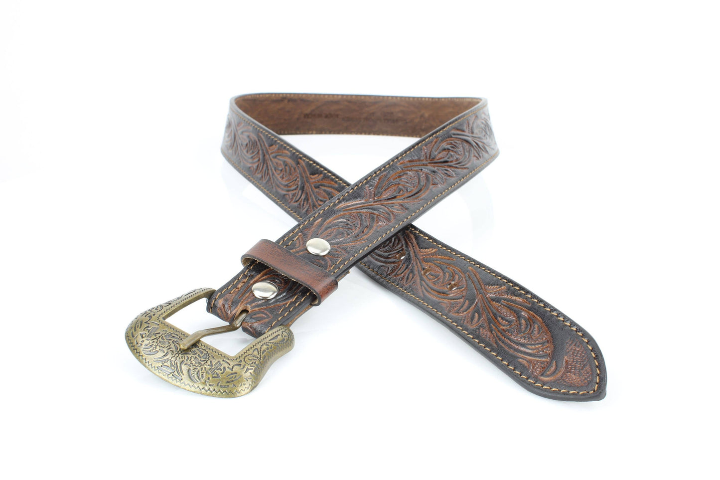 Floral Tooled Western Belt with Engraved Buckle ABB 031 BRWN
