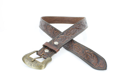 Floral Tooled Western Belt with Engraved Buckle ABB 031 BRWN