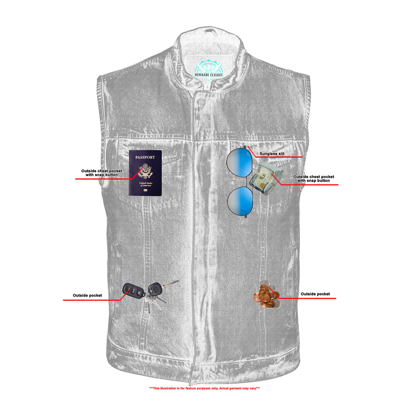 Men's Blue Denim Motorcycle Vest with Lace & Pockets