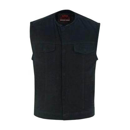 Mens Black Denim Motorcycle Vest with Concealed Snaps & Zipper