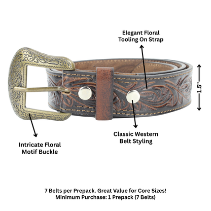 Floral Tooled Western Belt with Engraved Buckle ABB 031 BRWN