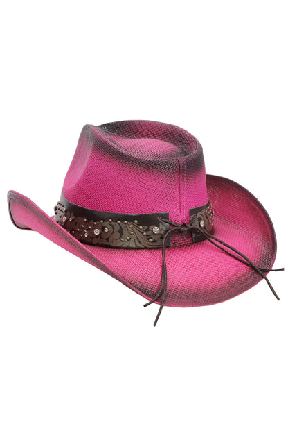 Heart Bling Rhinestone Belt Ombre Straw Cowboy Hat: Hot Pink