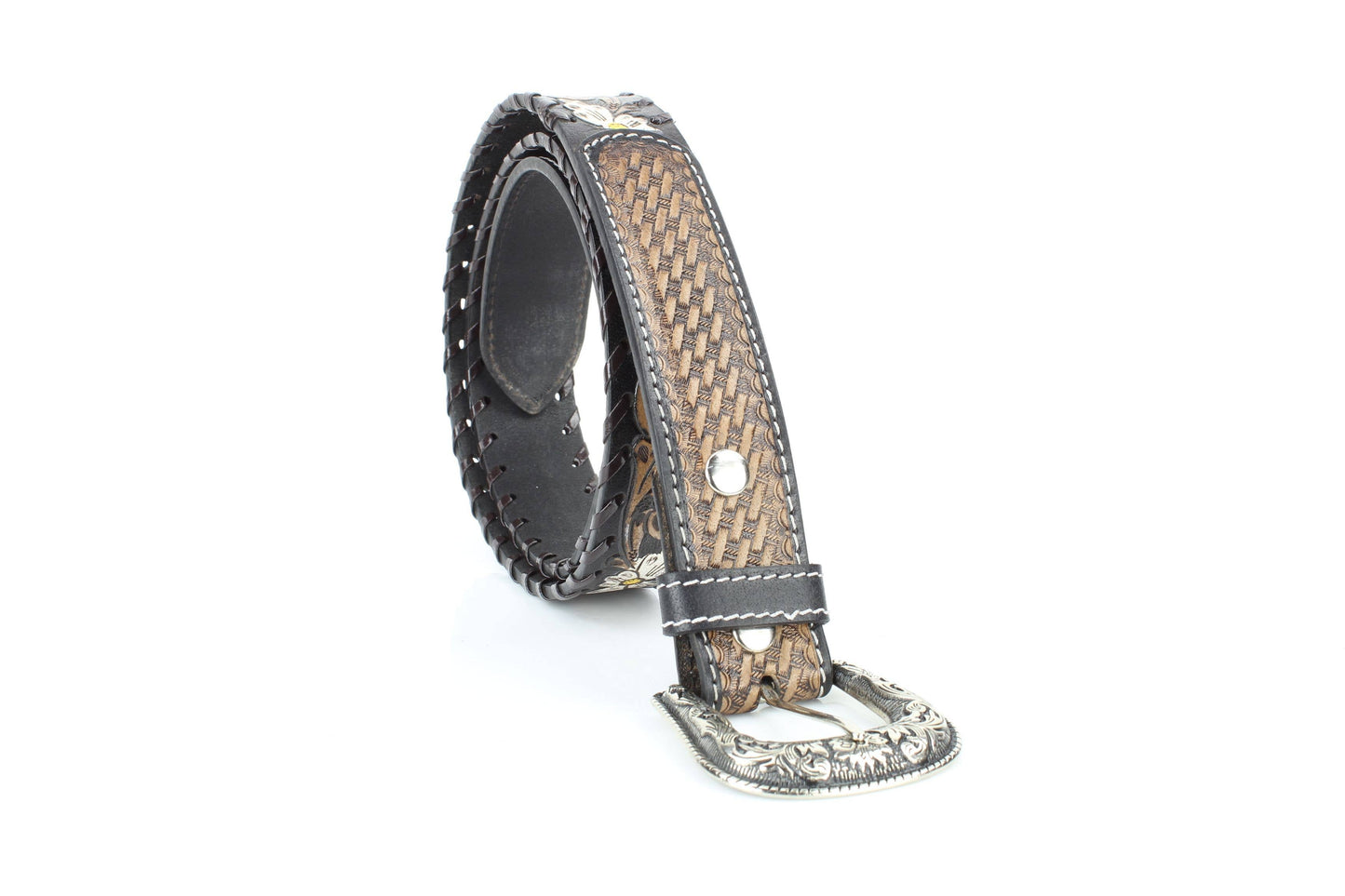 Floral Belt | White Painted Flowers & Whipstitch ABB-14-121