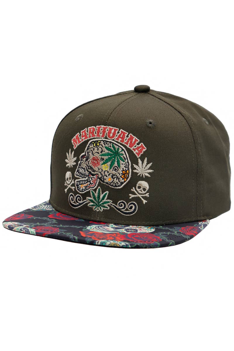 Marijuana Sugar Skull Rose Print Cotton Snapback: Black